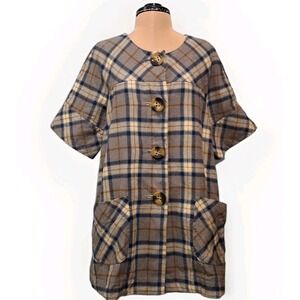 Ivy Jane Gray Blue White Plaid Boxy Large Button Cotton Tunic Dress Sz Small Mod